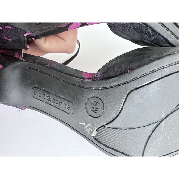 LIZ CLAIBORNE DARK BLUE PURPLE FLORAL ANKLE STRAP PUMPS WINNIE 8W WHIMSY READ - Picture 10 of 11